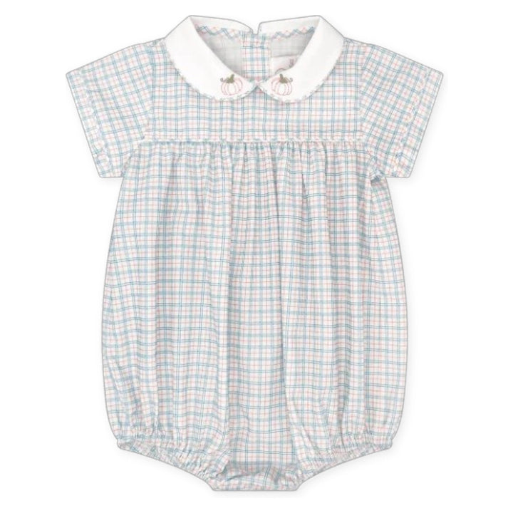 That Store Covington bubble in blue and orange countryside plaid with pumpkin embroidery on the white peter pan collar