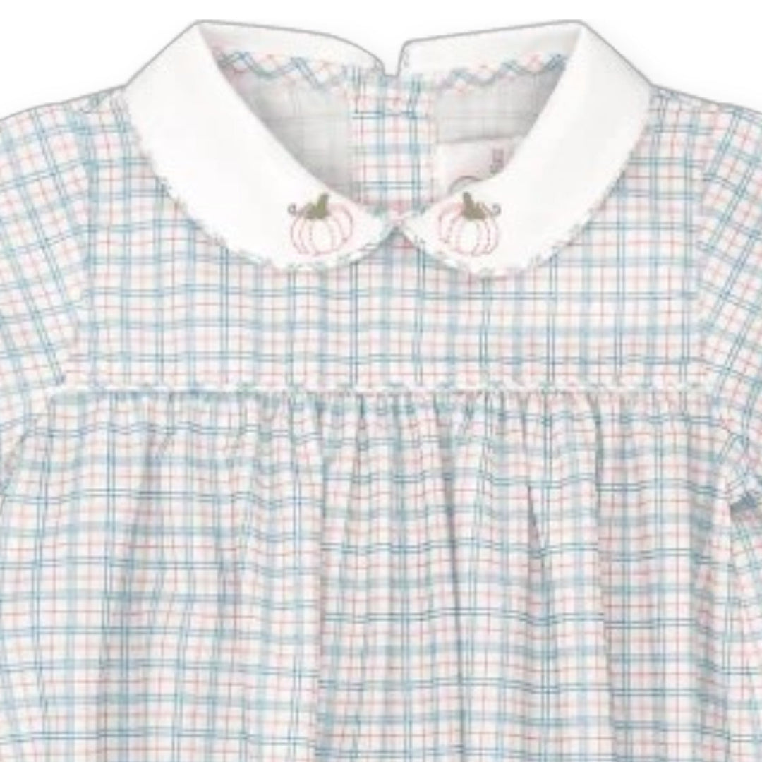 That Store Covington bubble in blue and orange countryside plaid with embroidered pumpkin details on the white collar