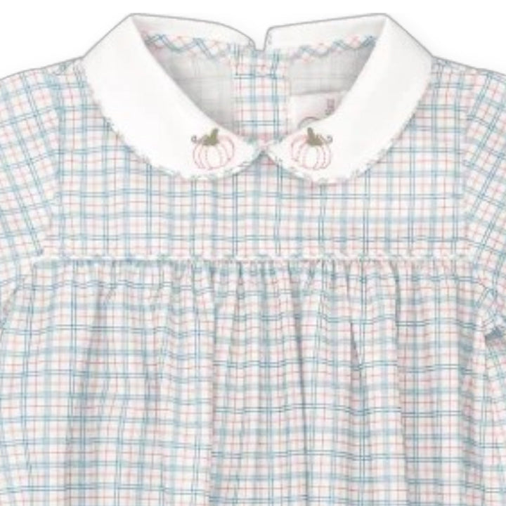 That Store Covington bubble in blue and orange countryside plaid with embroidered pumpkin details on the white collar