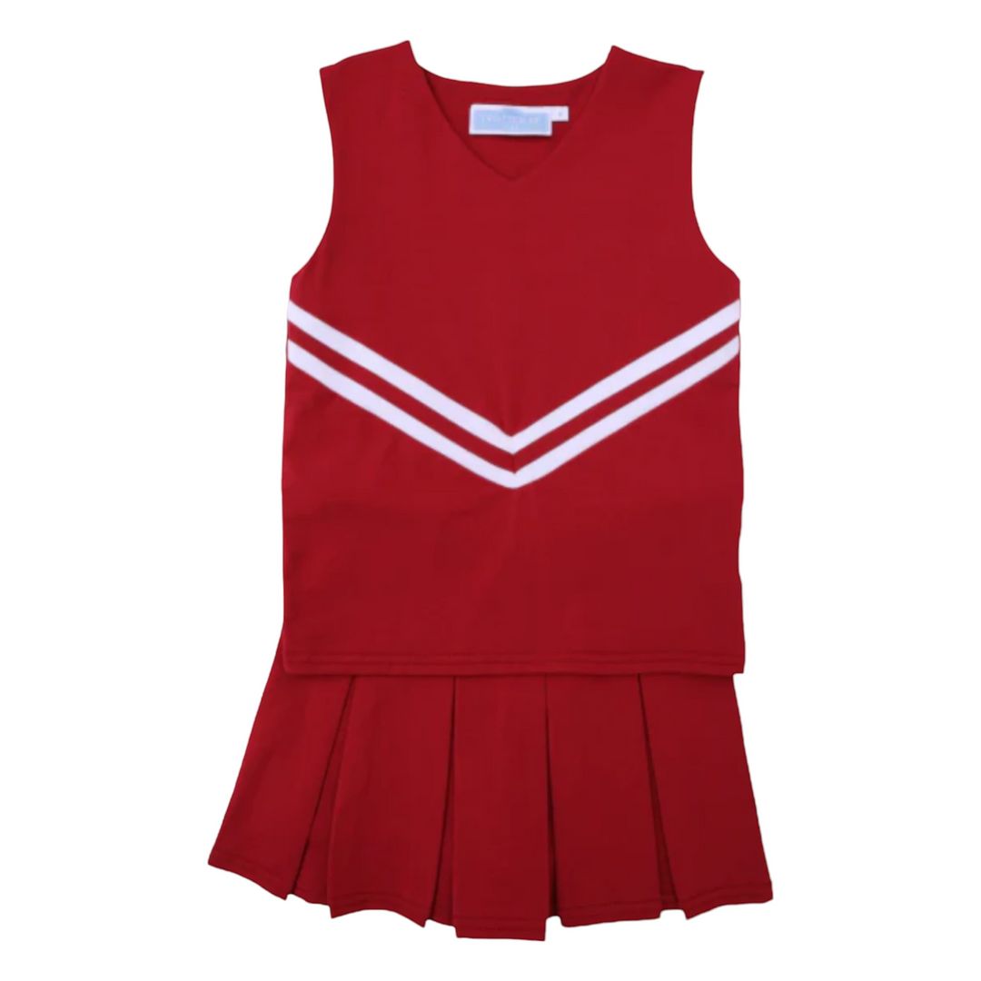 That Store crimson cheer uniform set featuring a sleeveless v-neck top with white stripes and a matching pleated skirt