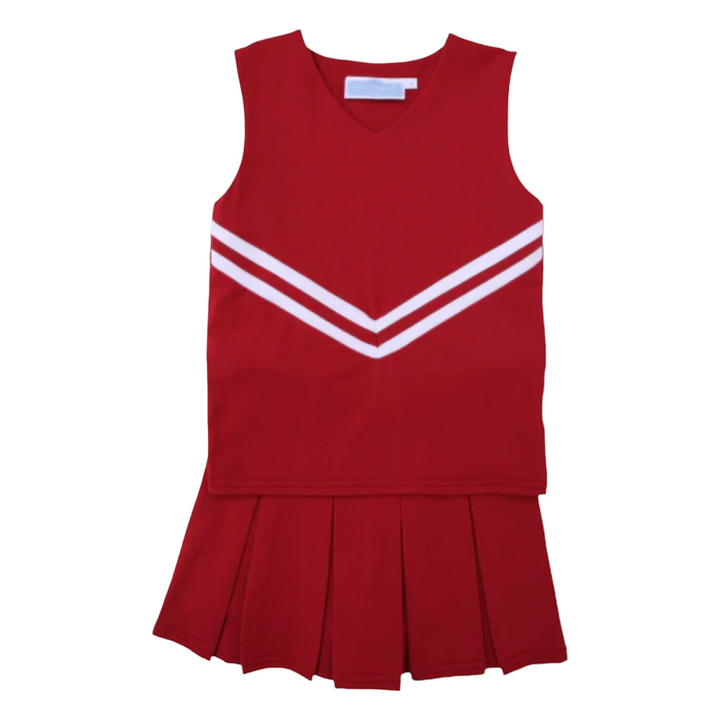 That Store crimson cheer uniform set featuring a sleeveless v-neck top with white stripes and a matching pleated skirt