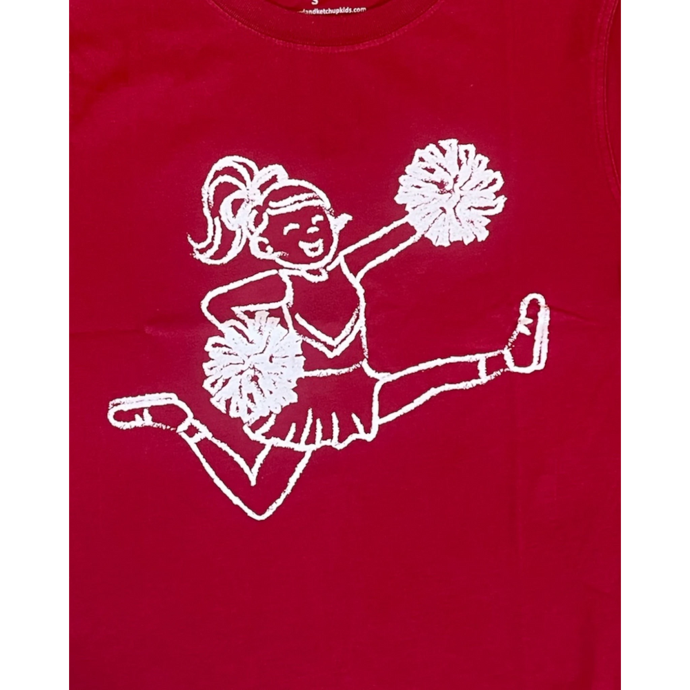 That Store crimson short-sleeve cotton t-shirt featuring a white graphic of a cheerleader with pom-poms