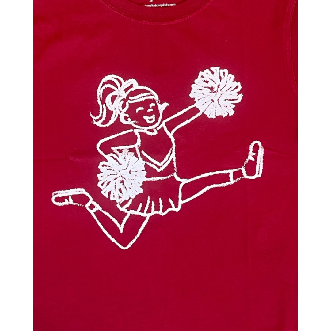 That Store crimson short-sleeve cotton t-shirt featuring a white graphic of a cheerleader with pom-poms