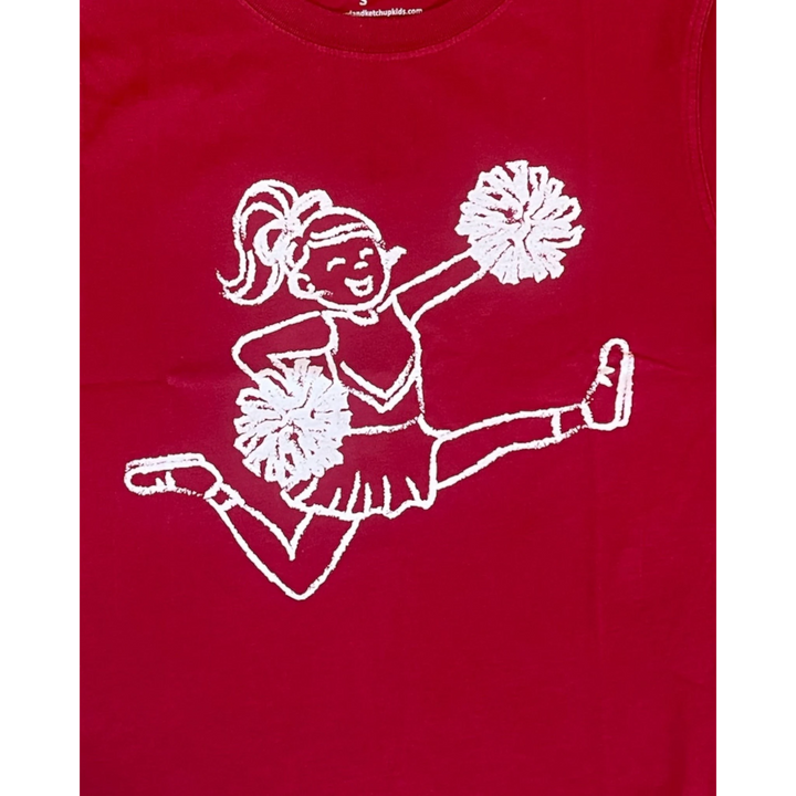 That Store crimson short-sleeve cotton t-shirt featuring a white graphic of a cheerleader with pom-poms