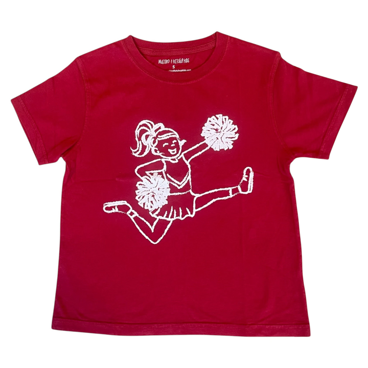 That Store crimson short-sleeve cotton t-shirt featuring a white graphic of a cheerleader jumping with pom-poms.