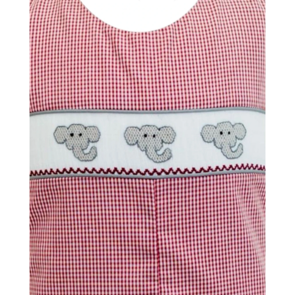 That Store crimson elephant smock jon jon in red and white gingham check fabric with embroidered elephant details