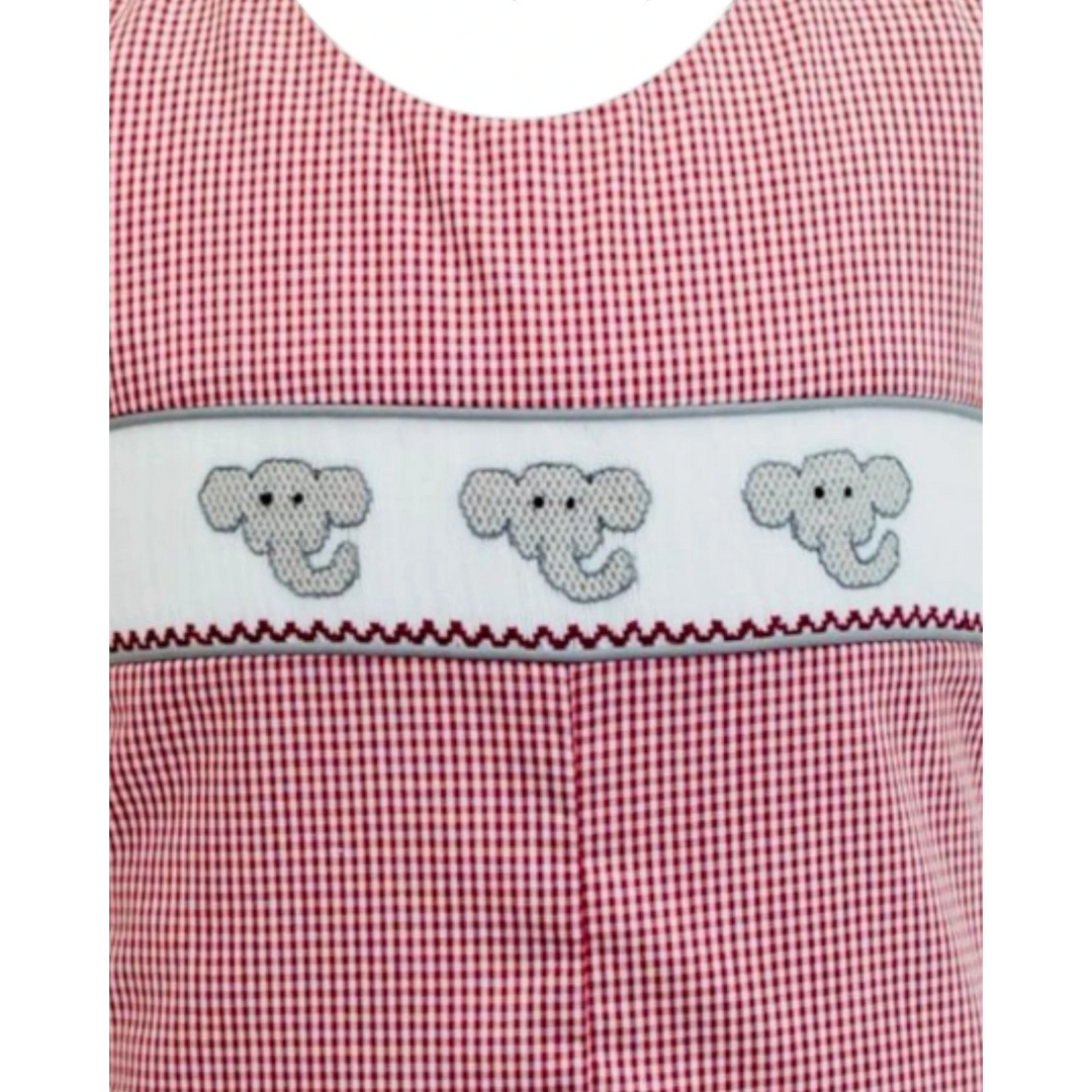 That Store crimson elephant smock jon jon in red and white gingham check fabric with embroidered elephant details