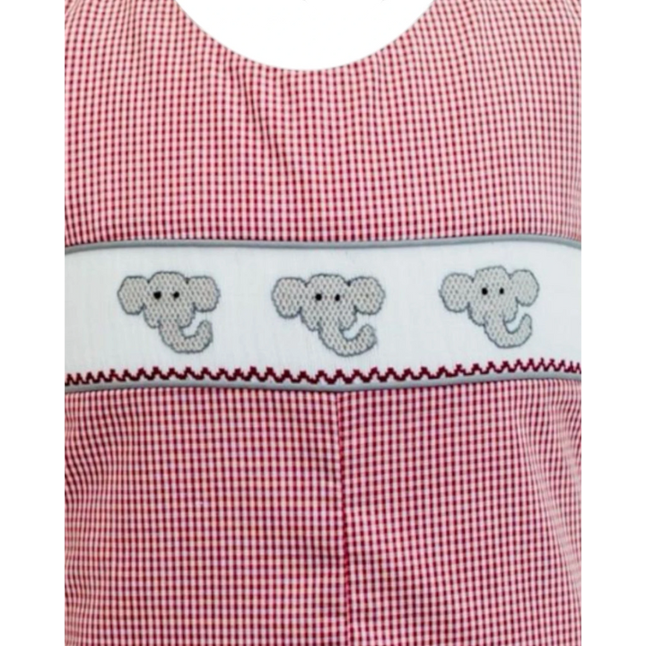 That Store crimson elephant smock jon jon in red and white gingham check fabric with embroidered elephant details