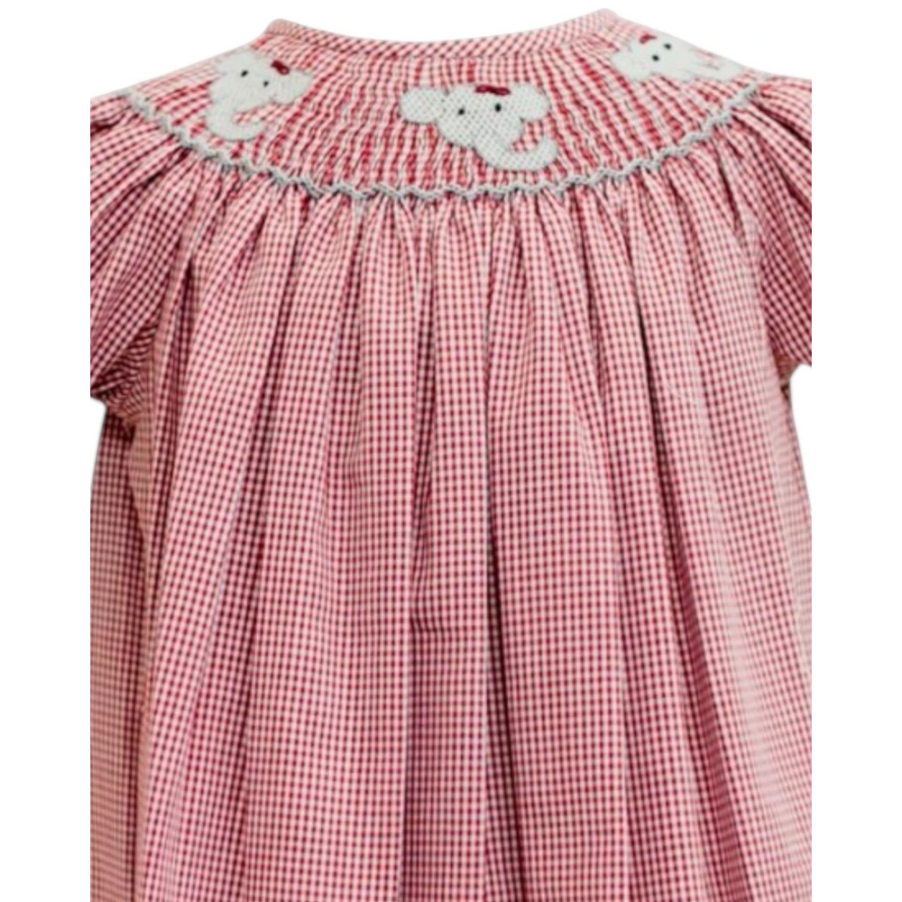 That Store crimson gingham bishop smock dress for girls featuring embroidered elephant details and puff sleeves