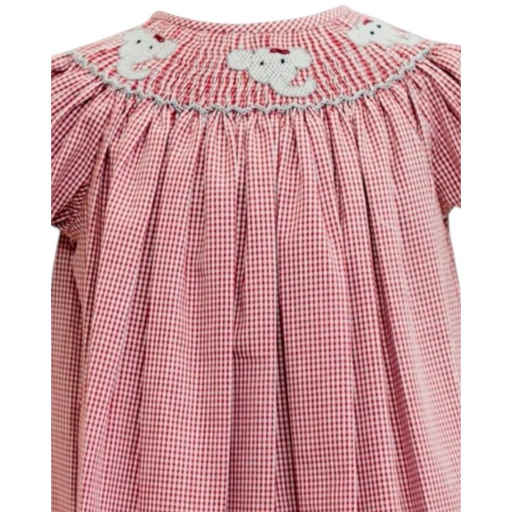 That Store crimson gingham bishop smock dress for girls featuring embroidered elephant details and puff sleeves