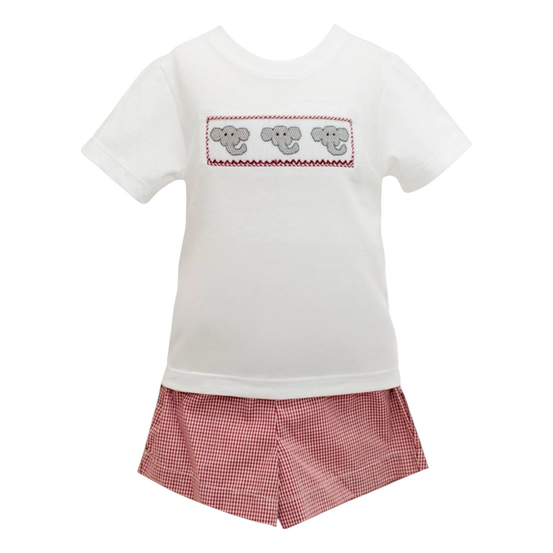 That Store Crimson Elephant Smock Short Set featuring a white t-shirt with elephant embroidery and red gingham shorts.