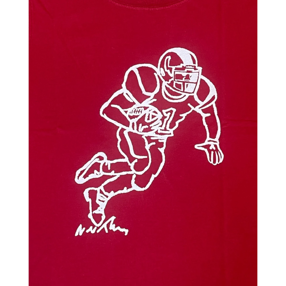That Store crimson cotton boys t-shirt featuring a white line art graphic of a football player running with the ball