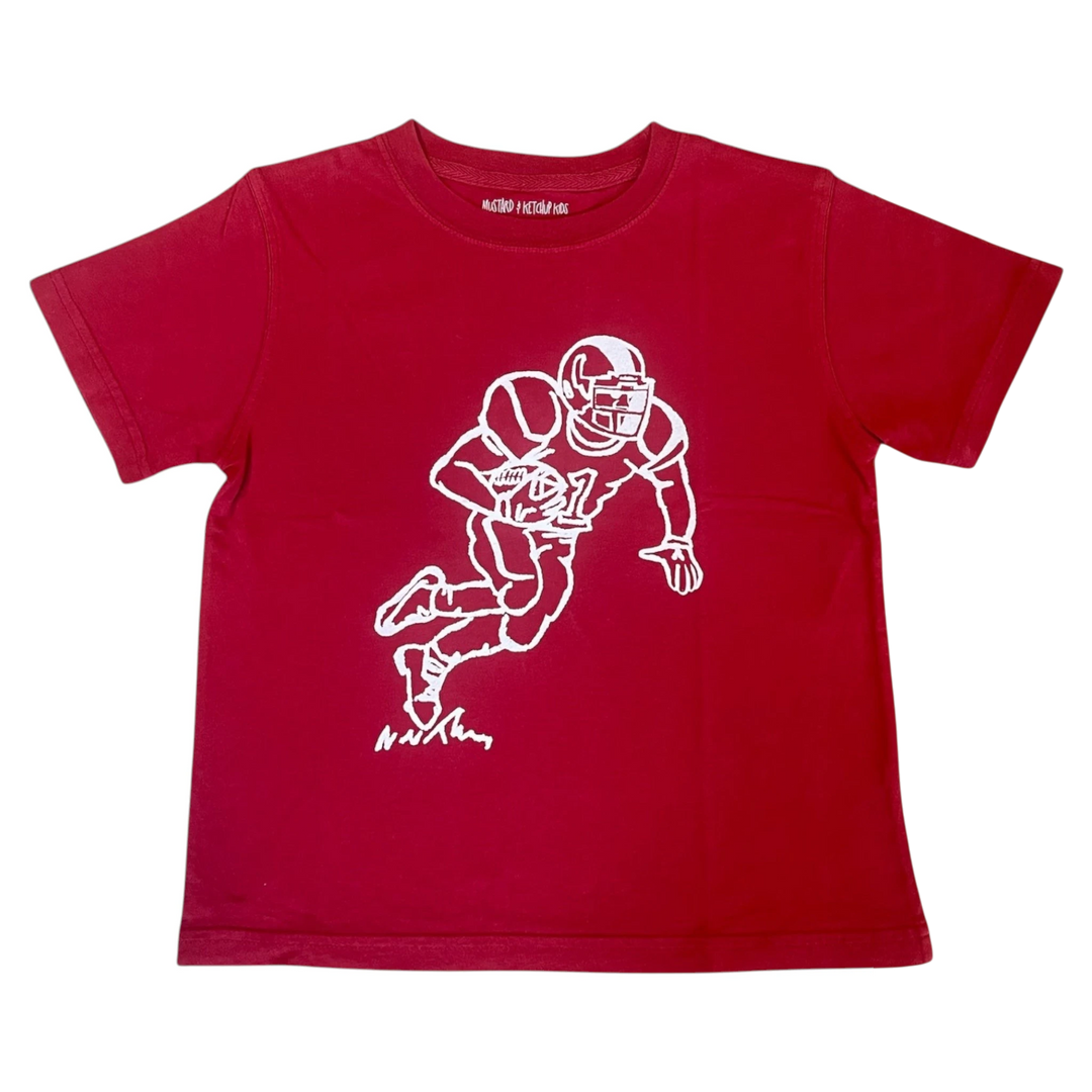 That Store crimson short-sleeve cotton boys football tee with white graphic print of a player running