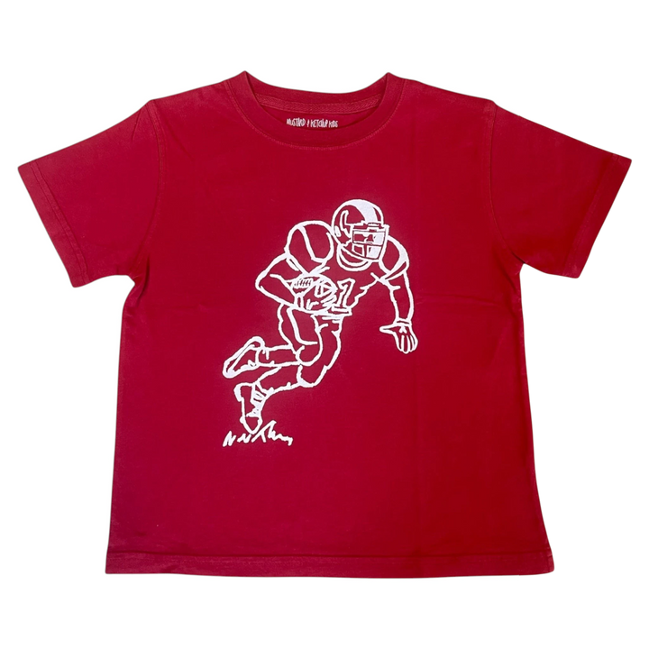 That Store crimson short-sleeve cotton boys football tee with white graphic print of a player running