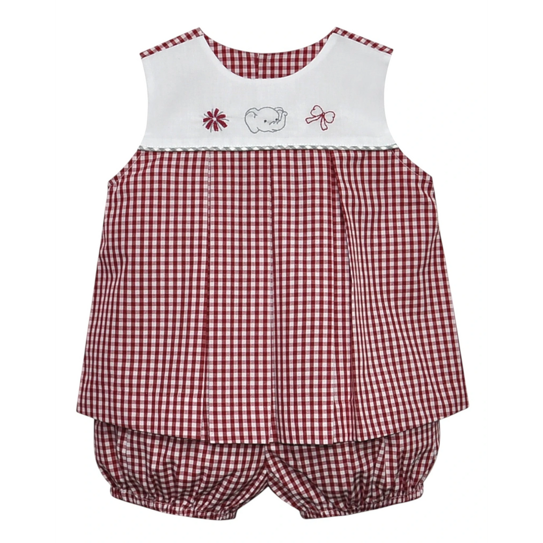 That Store crimson and white gingham bloomer set for girls with elephant, bow, and pom pom embroidery details.
