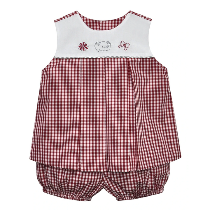 That Store crimson and white gingham bloomer set for girls with elephant, bow, and pom pom embroidery details.