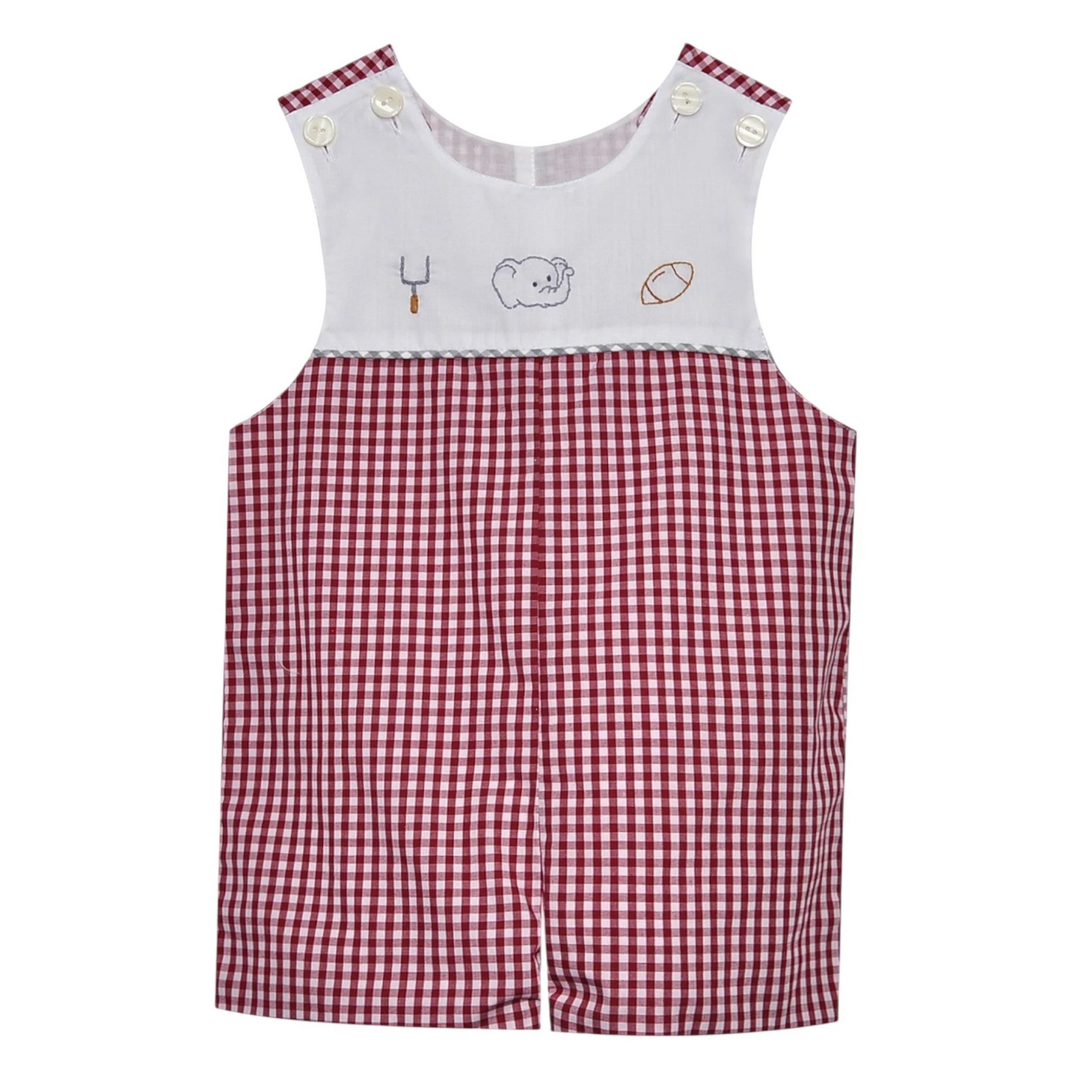 That Store crimson and white gingham boys shortall with elephant and football embroidery and button shoulder straps.