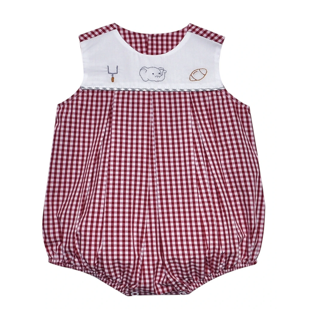 That Store crimson and white gingham bubble for boys with embroidered elephant, football, and goal post details.