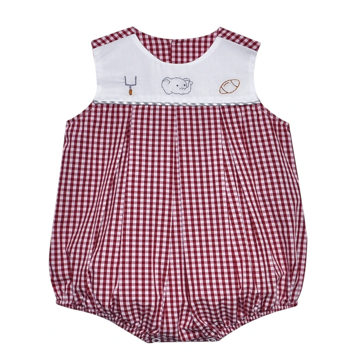 That Store crimson and white gingham bubble for boys with embroidered elephant, football, and goal post details.