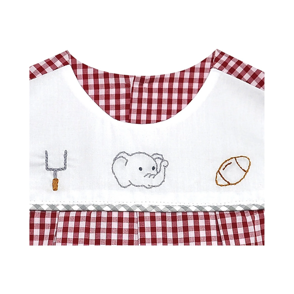 That Store crimson and white gingham boys bubble with embroidered elephant, football, and goalpost details.