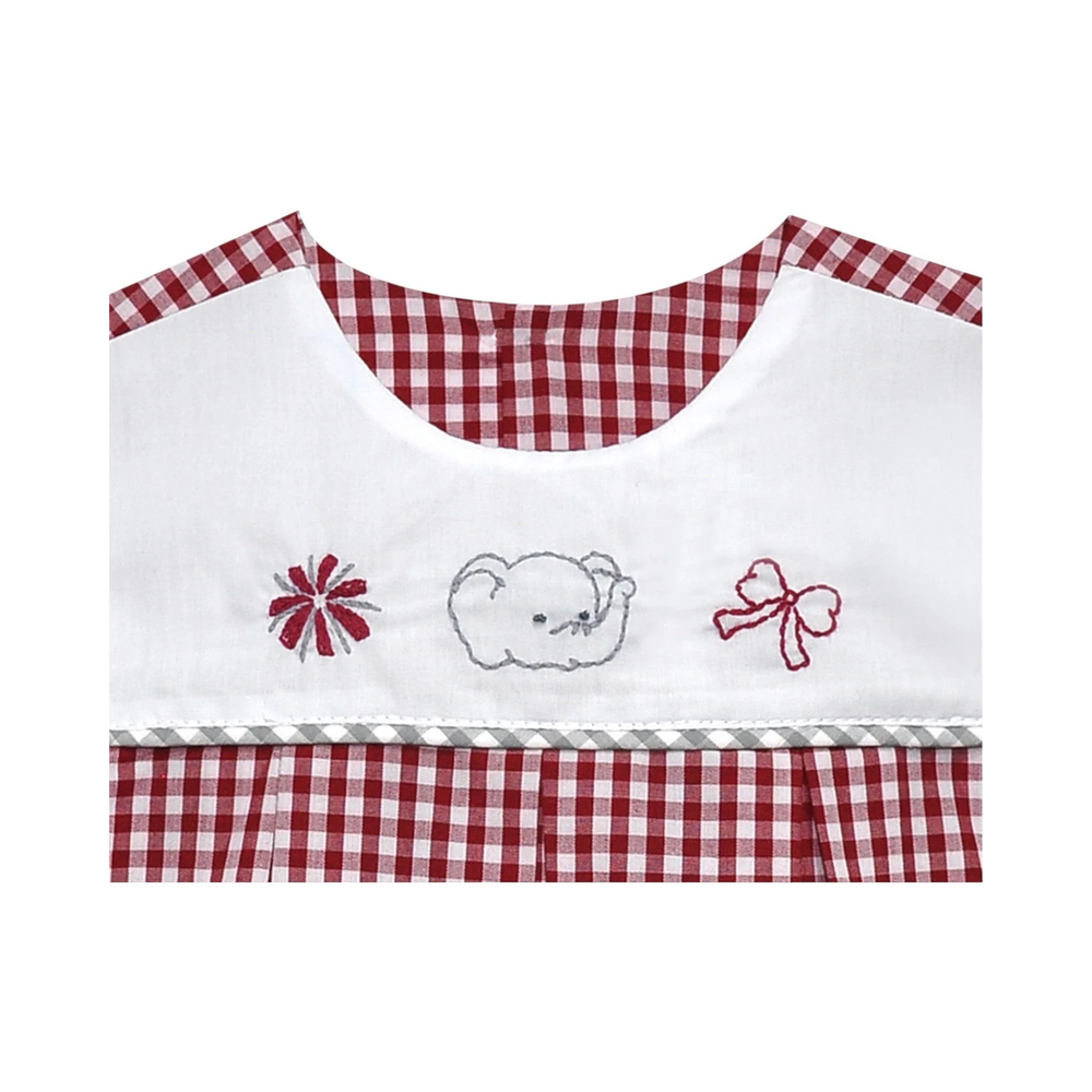 That Store crimson and white gingham girls dress featuring embroidered elephant, pom pom, and bow detail on bodice