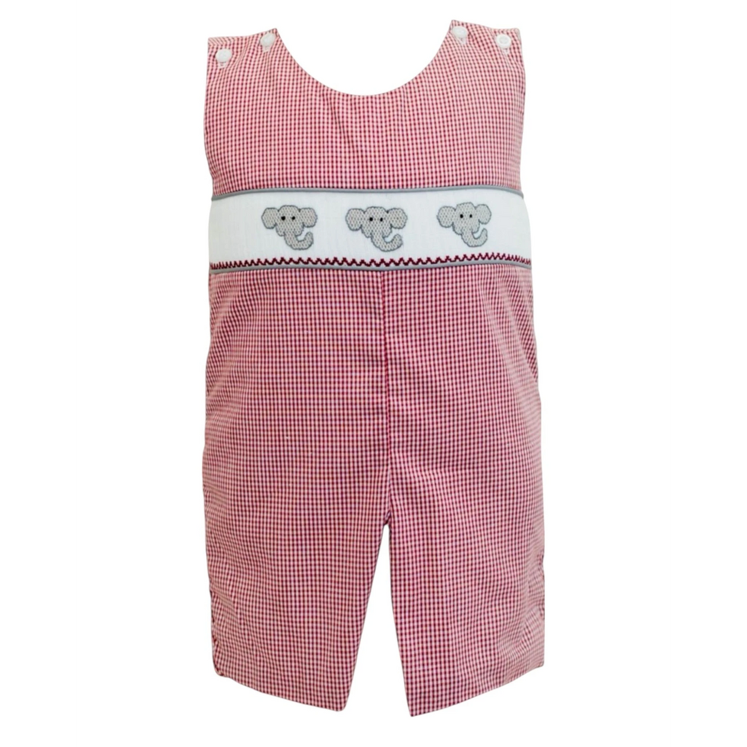 That Store crimson gingham smock jon jon for boys featuring embroidered elephant details and button shoulder straps.