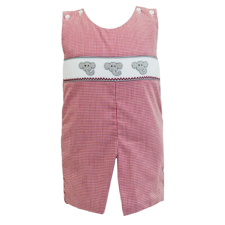 That Store crimson gingham smock jon jon for boys featuring embroidered elephant details and button shoulder straps.