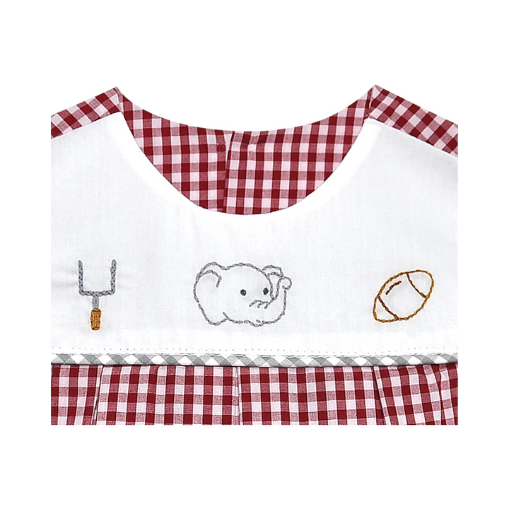 That Store boys crimson and white gingham shortall featuring embroidered elephant, football, and goalpost details.