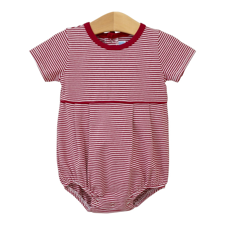 That Store Bentley Game Day boys bubble in crimson and white stripes with a round neckline and snap closures.