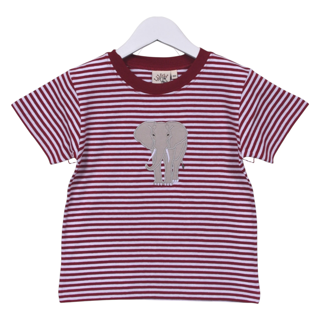 That Store crimson and white striped cotton t-shirt featuring a detailed elephant applique on the front