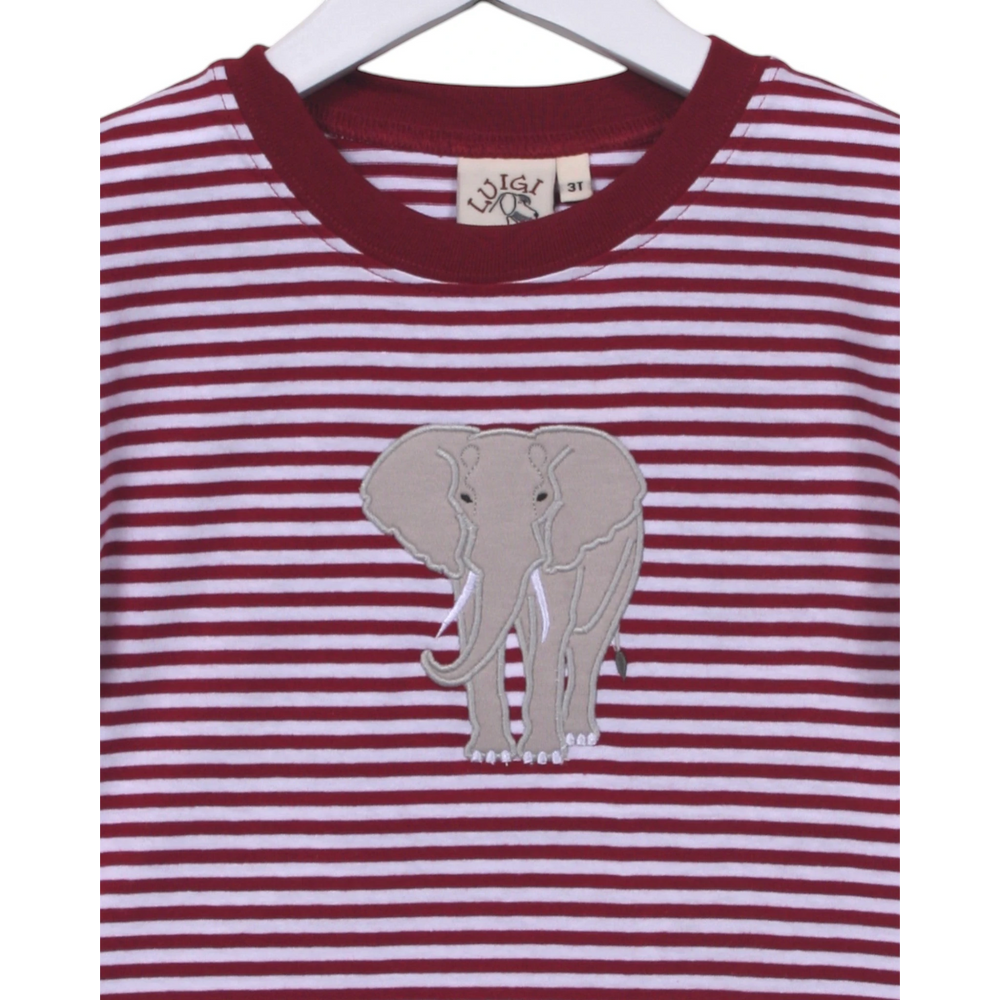 That Store crimson and white striped cotton t-shirt featuring a detailed grey elephant applique on the front