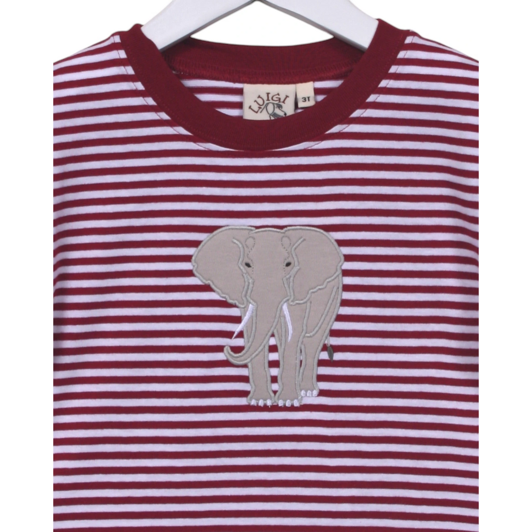 That Store crimson and white striped cotton t-shirt featuring a detailed grey elephant applique on the front