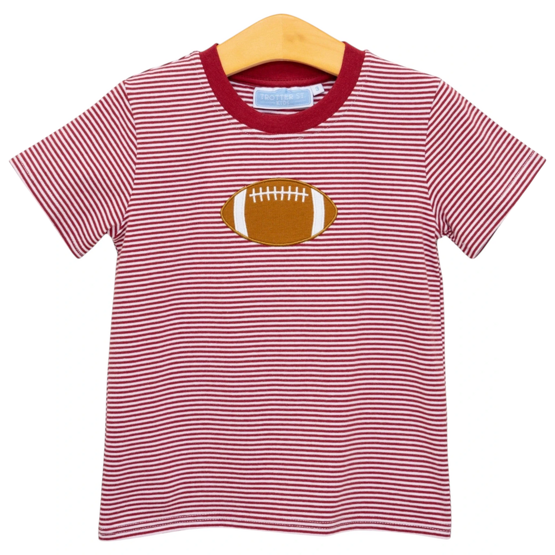 That Store boys crimson and white striped cotton tee with a brown football applique on the chest.