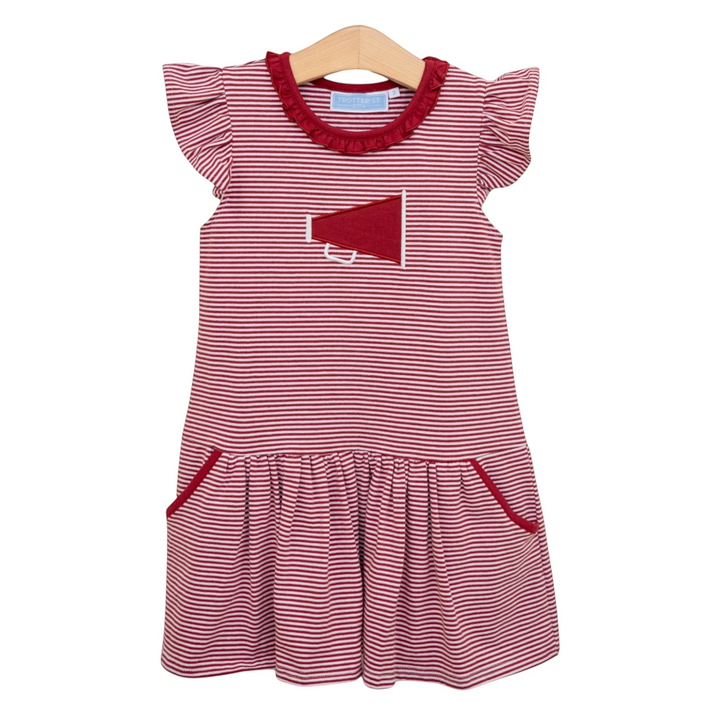 That Store crimson and white striped cotton dress with a megaphone applique, ruffled sleeves, and gathered skirt.