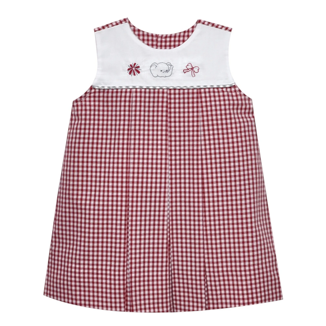 That Store crimson and white gingham girls dress with elephant, bow, and pom pom embroidery on a white yoke.