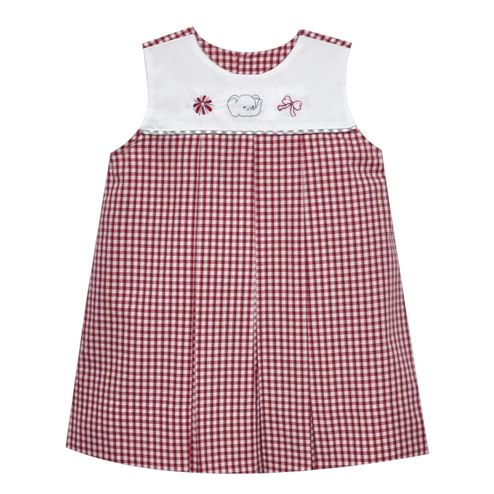 That Store crimson and white gingham girls dress with elephant, bow, and pom pom embroidery on a white yoke.