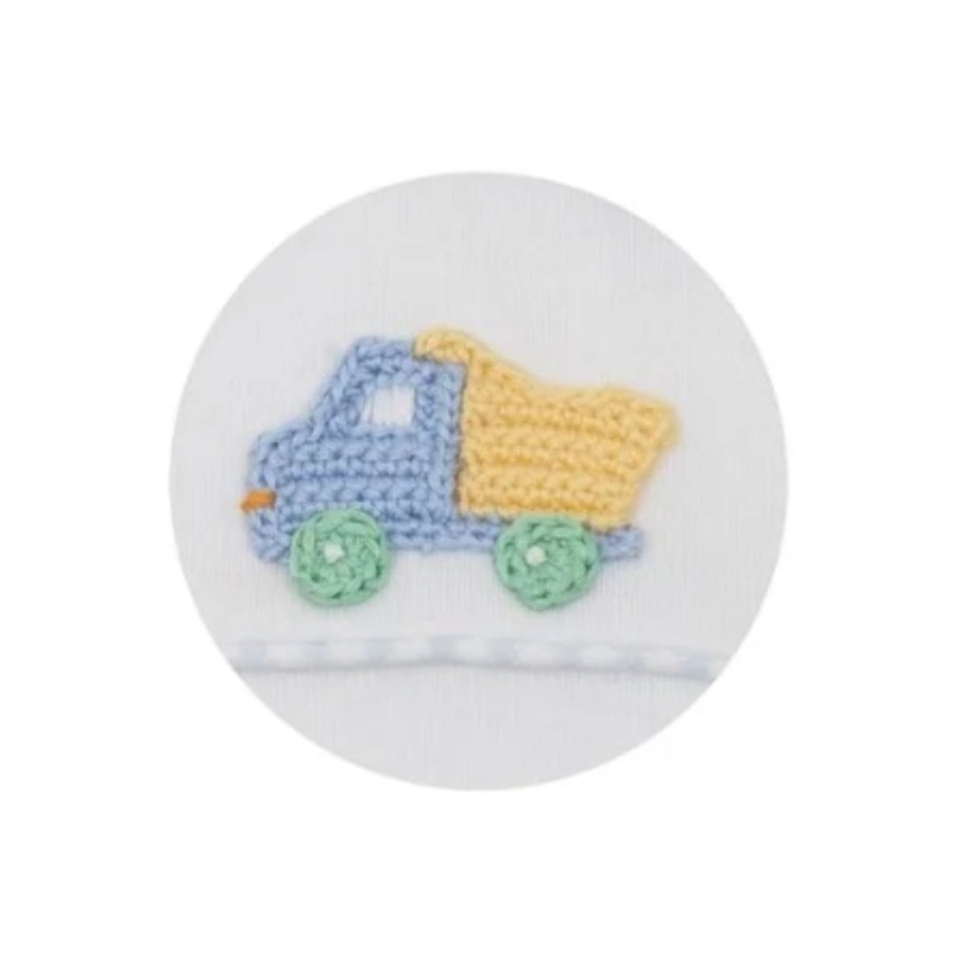 That Store crochet dump truck applique in blue and yellow on white fabric with blue gingham trim