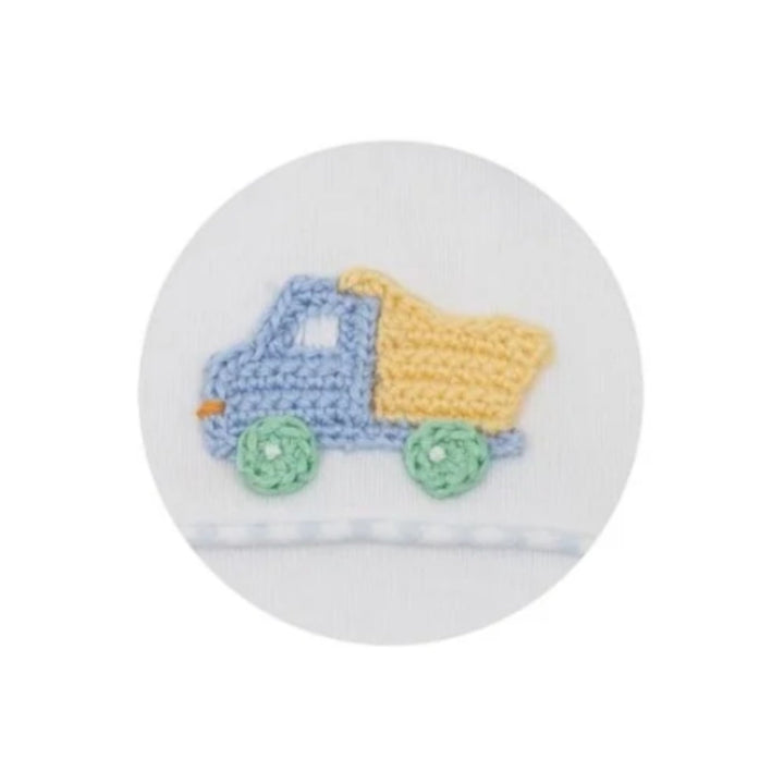 That Store crochet dump truck applique in blue and yellow on white fabric with blue gingham trim