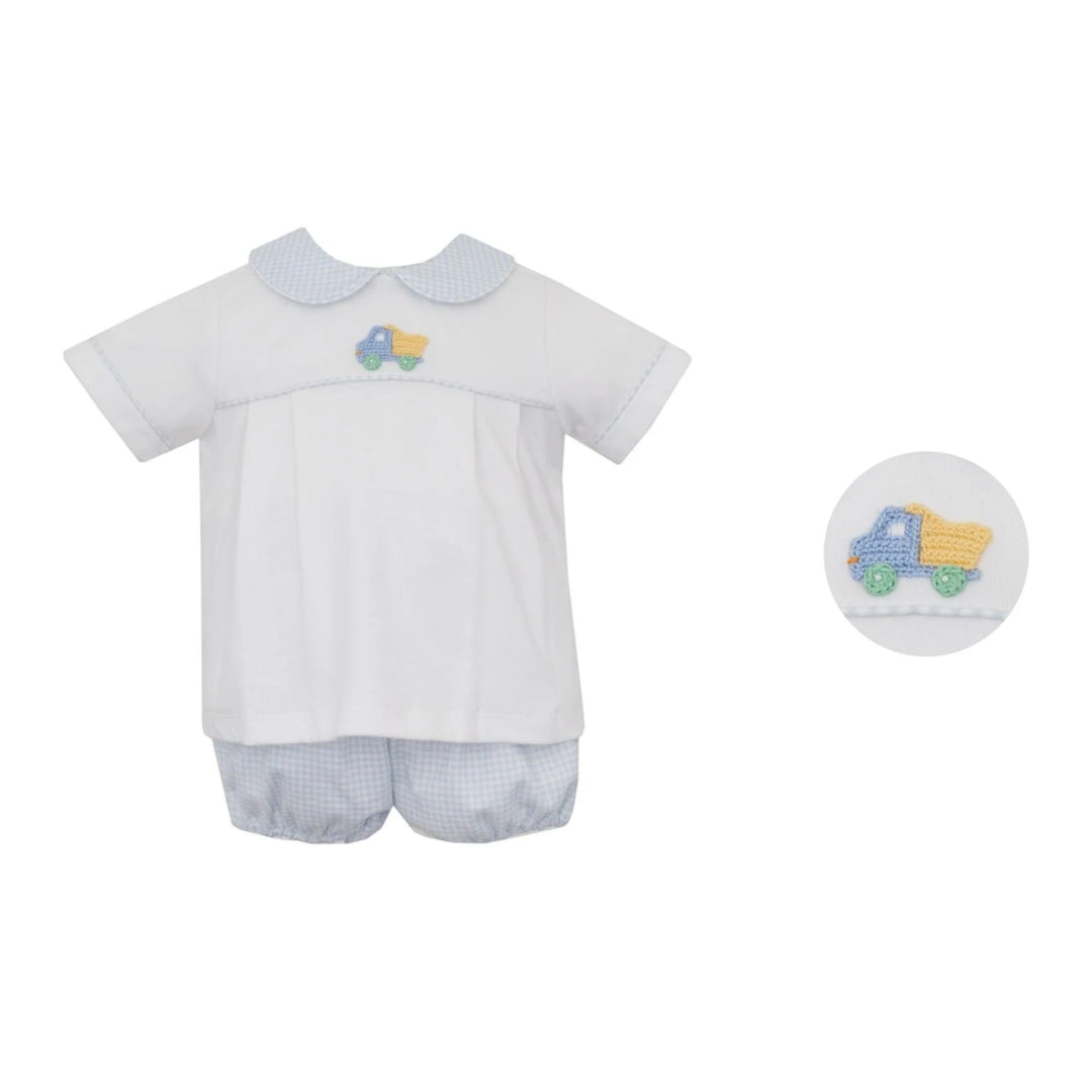 That Store boys white short-sleeve shirt and blue gingham diaper cover set with a crochet dump truck applique.