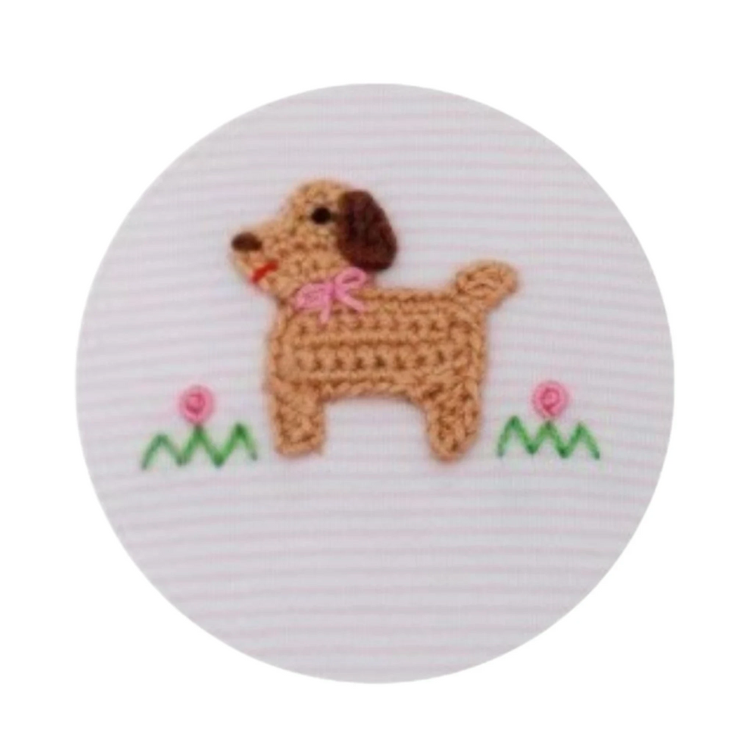 That Store pink striped cotton fabric featuring a cute crocheted puppy applique with green grass and pink flowers.