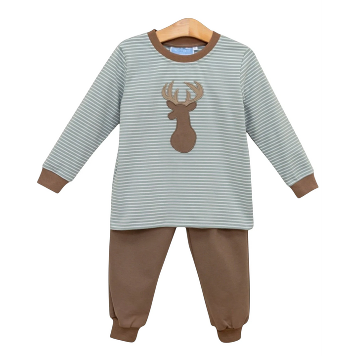 That Store boys jogger set with green striped long sleeve top featuring a brown deer applique and solid brown pants.
