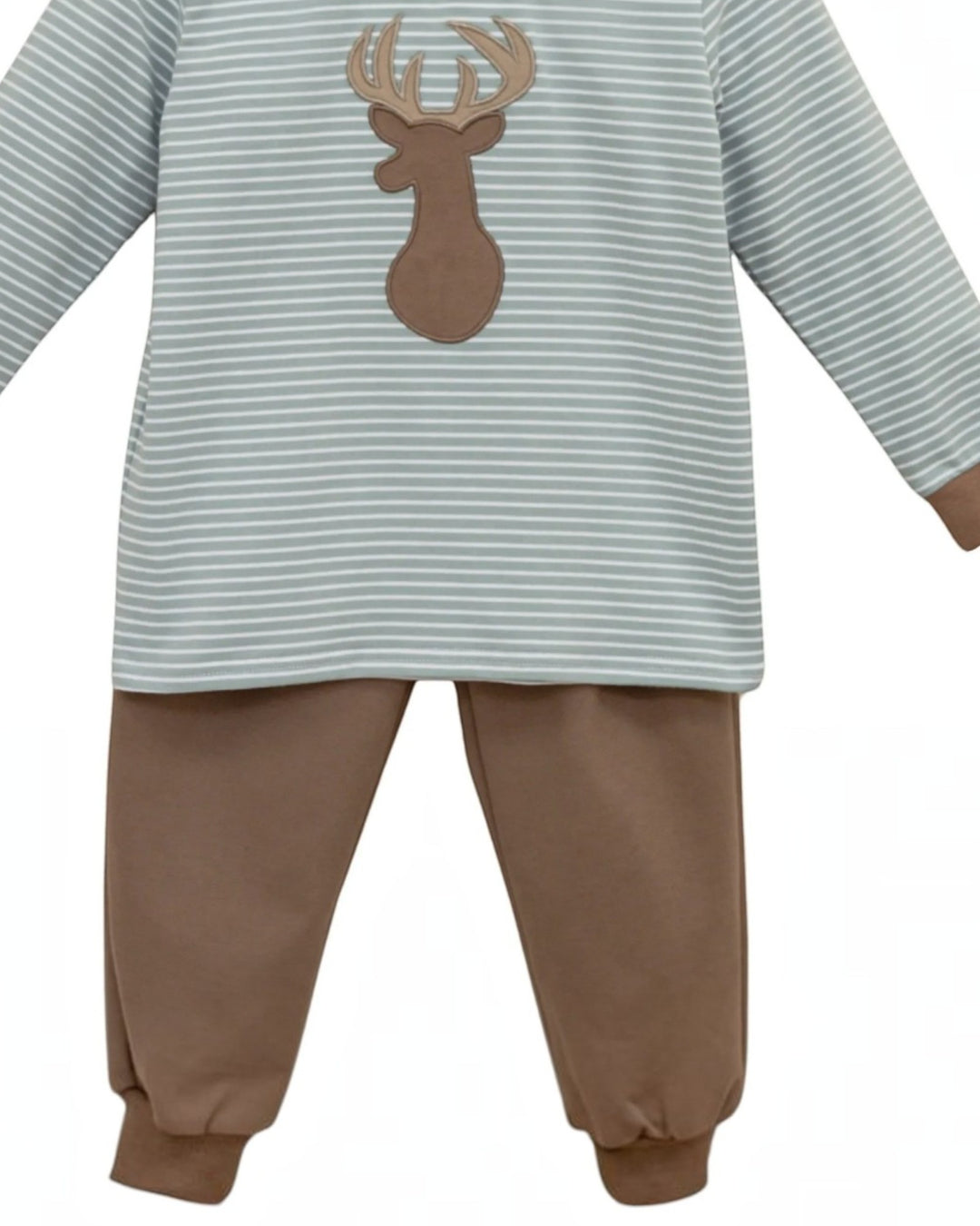 That Store boys jogger set with green striped long-sleeve top featuring a brown deer applique and solid brown pants.