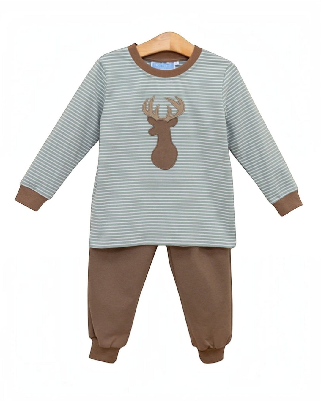 That Store boys jogger set featuring a green striped long-sleeve top with a deer applique and solid brown pants.