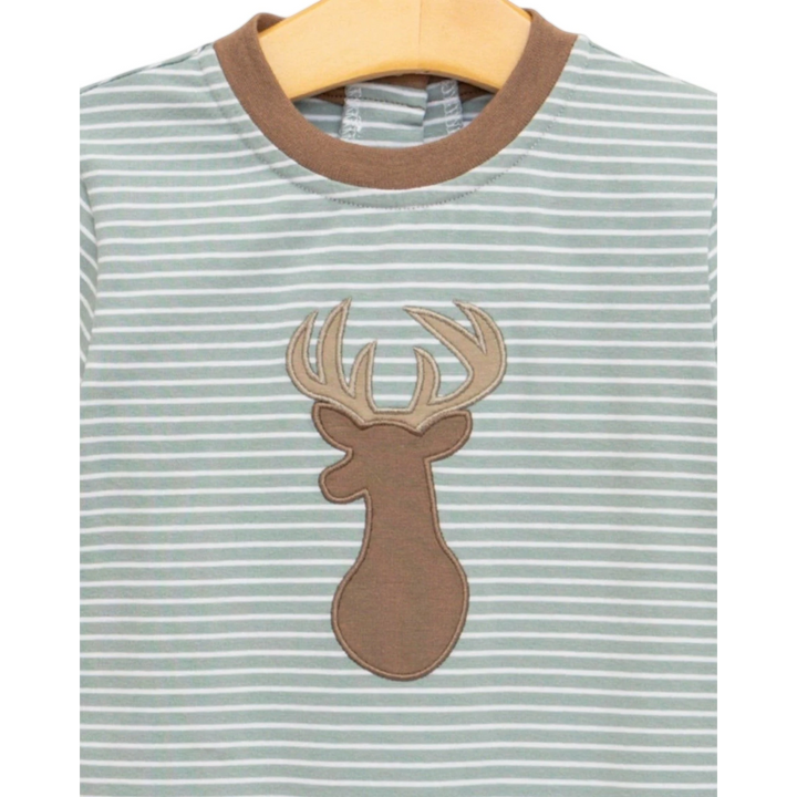That Store boys romper in green and white stripes with a brown embroidered deer motif and brown ribbed collar