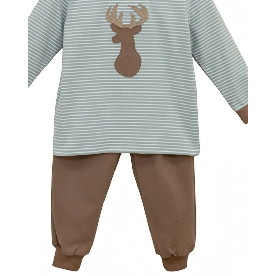 That Store boys jogger set with a green striped long-sleeve top featuring a deer applique and solid brown pants.