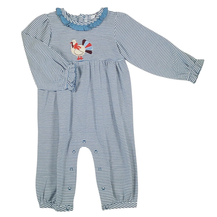 That Store girls denim blue striped romper featuring a festive turkey applique and ruffled collar detail.