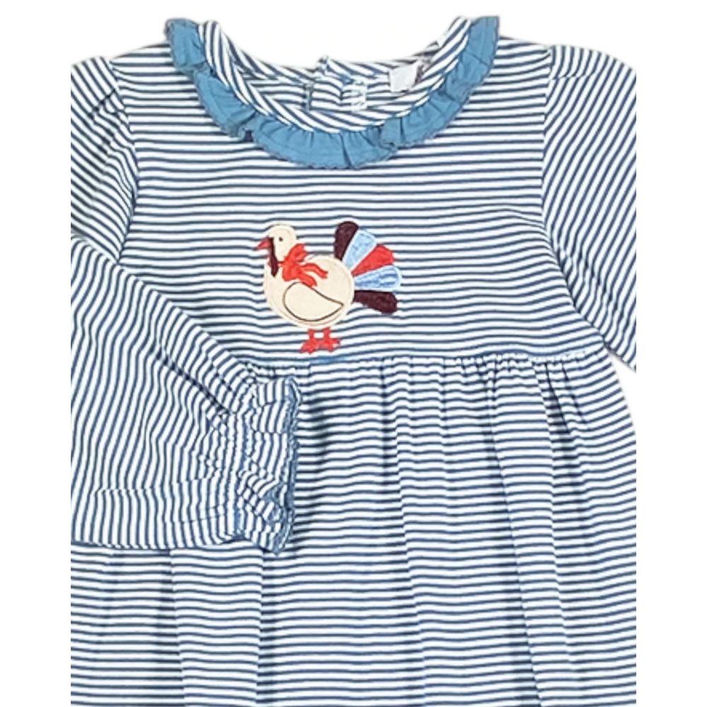 That Store girls denim blue striped romper with ruffled collar and festive turkey applique for Thanksgiving