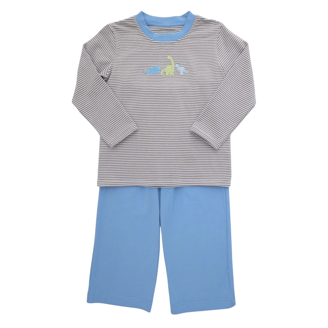 That Store boys two-piece set with brown striped long-sleeve dinosaur embroidered shirt and solid blue pants.
