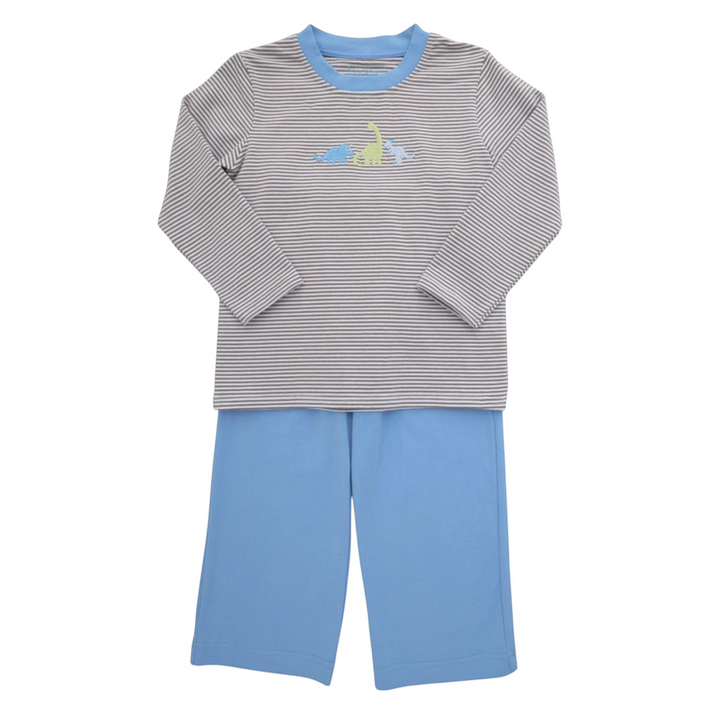 That Store boys two-piece set with brown striped long-sleeve dinosaur embroidered shirt and solid blue pants.