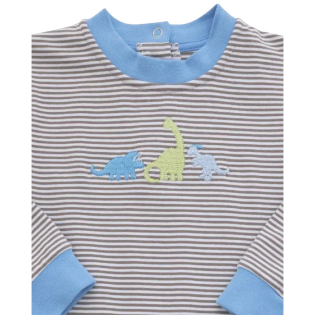 That Store brown striped baby romper with embroidered dinosaur trio and blue trim details